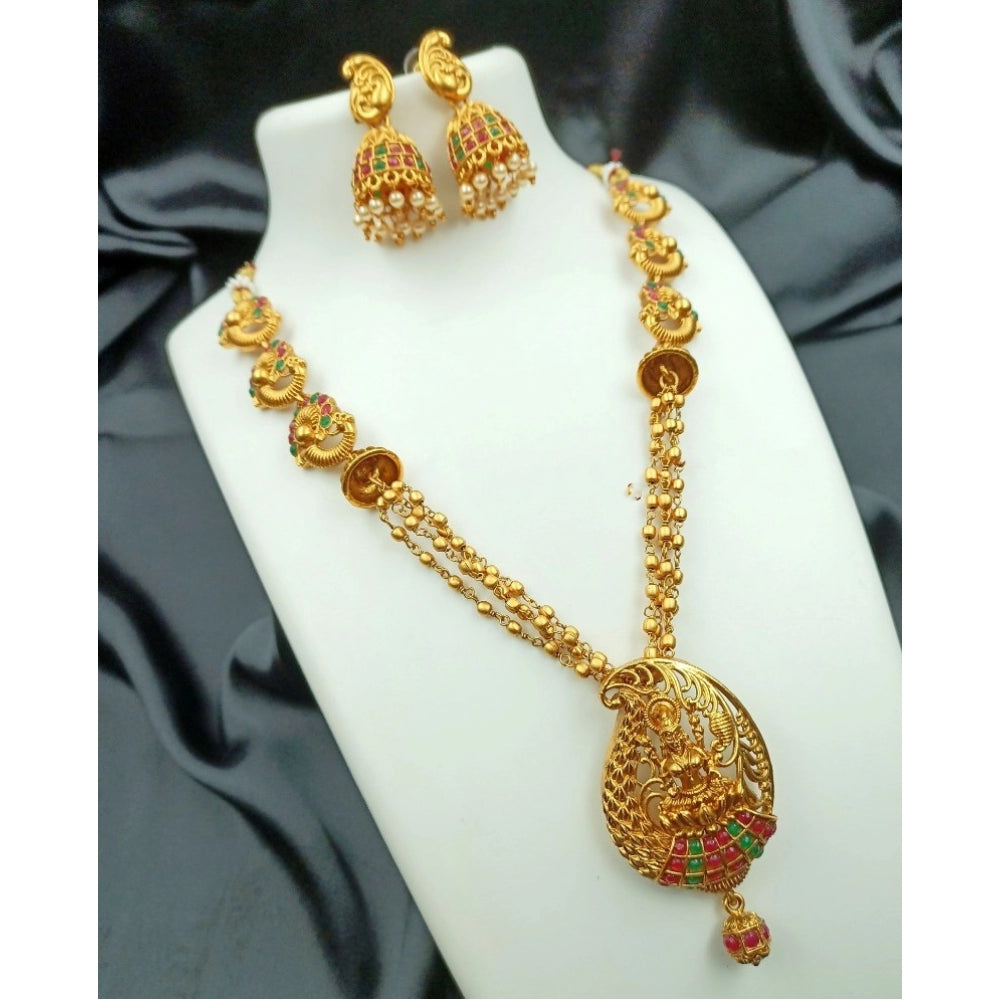 Vaystra Gold Plated Traditional Temple Necklace and Earrings Set in Gold in Multi Color