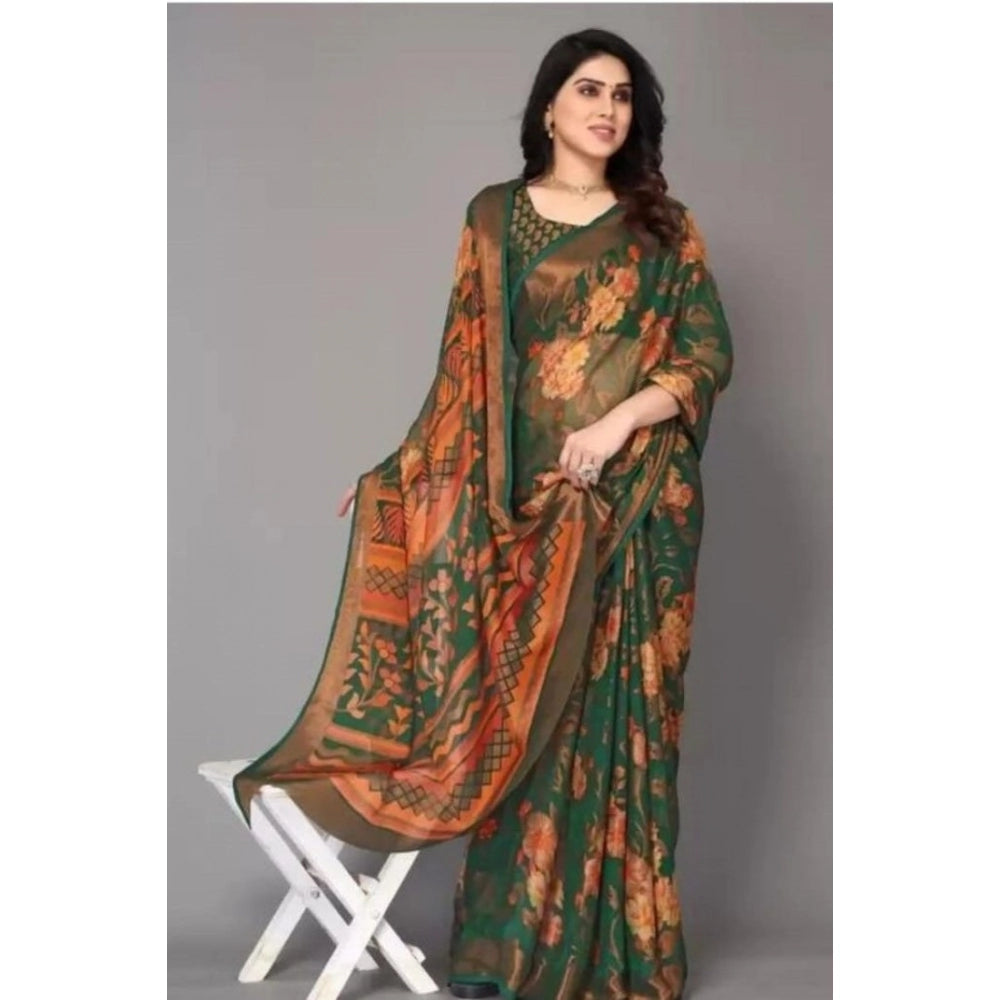 Vaystra Viscose Rayon Printed Saree With Unstitched Blouse – Green