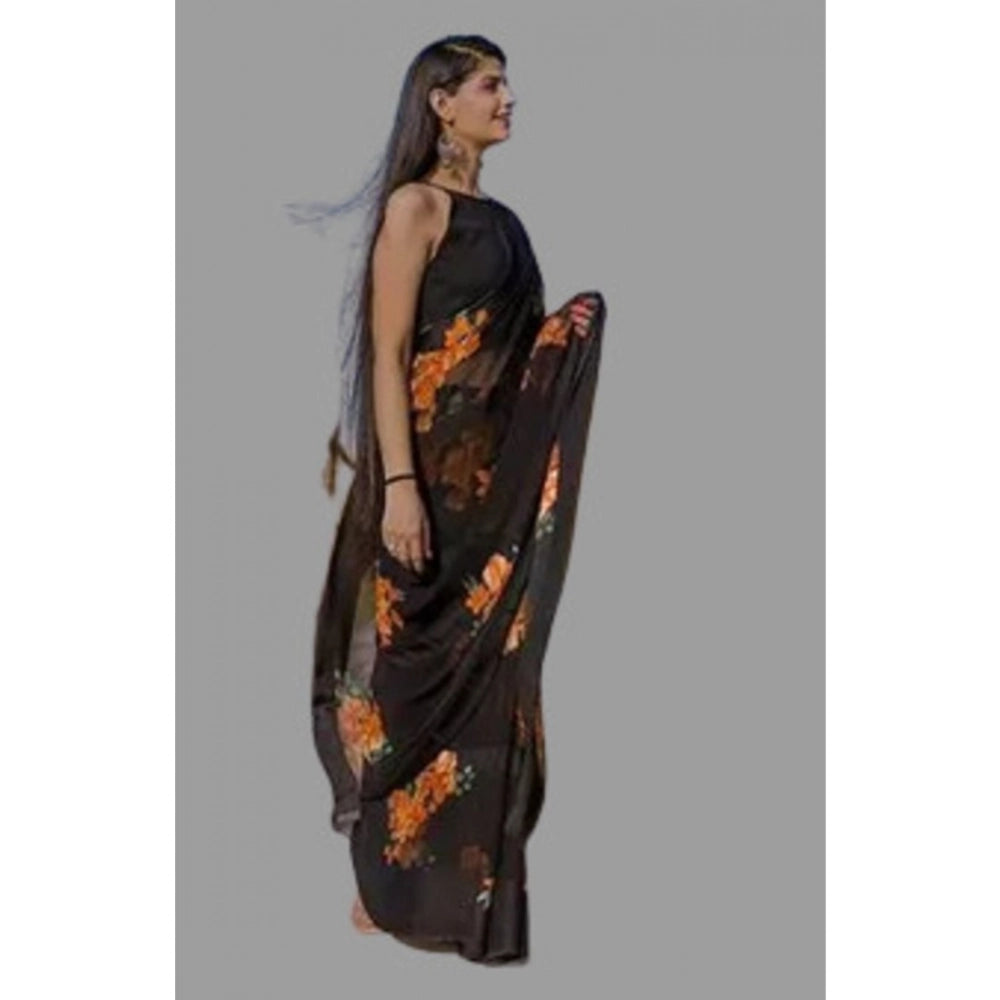 Vaystra Satin Patta Printed Saree With Unstitched Blouse – Orange