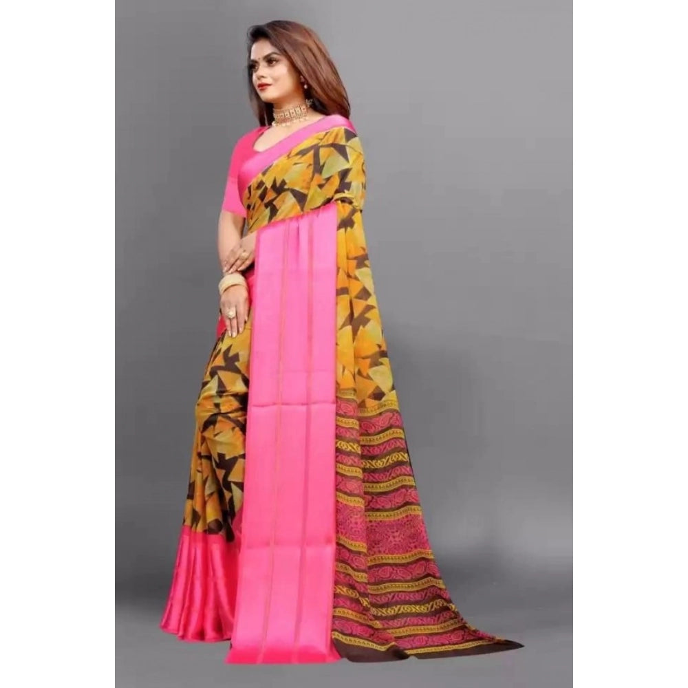 Vaystra Satin Patta Printed Saree With Unstitched Blouse – Pink