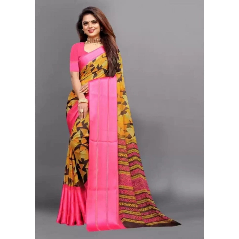 Vaystra Satin Patta Printed Saree With Unstitched Blouse – Pink