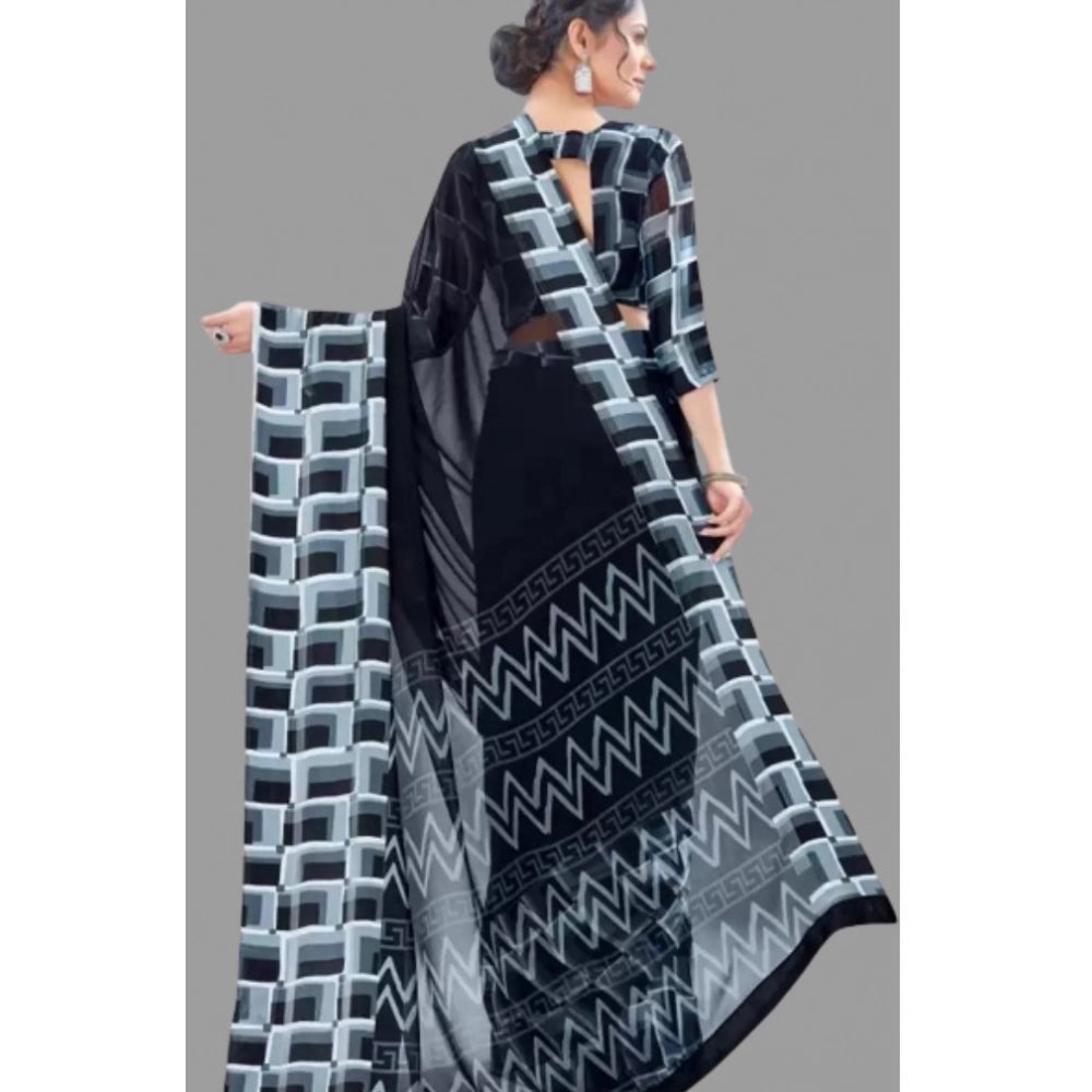Vaystra Satin Patta Printed Saree With Unstitched Blouse – Black