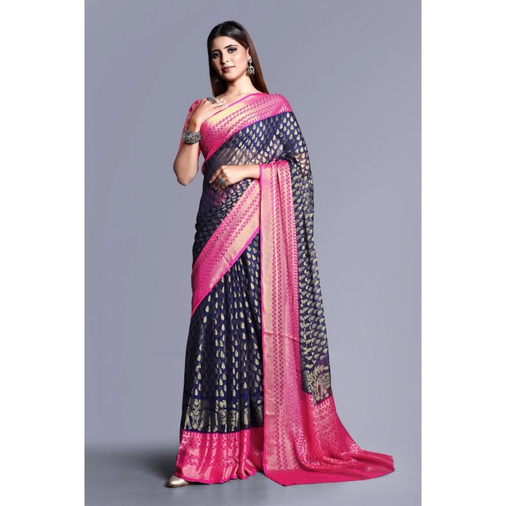 Vaystra Viscose Rayon Printed Saree With Unstitched Blouse – Navy Blue