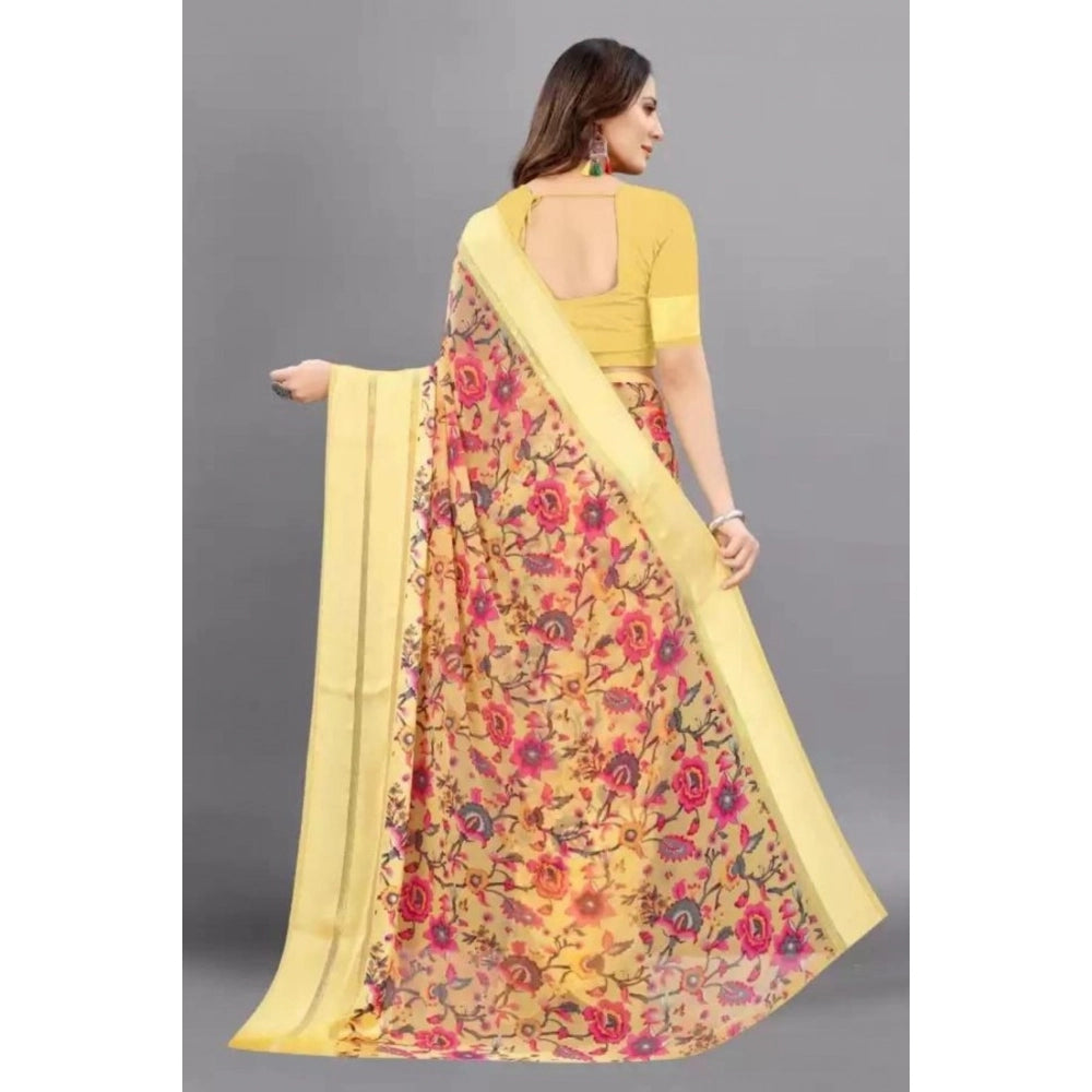 Vaystra Satin Patta Printed Saree With Unstitched Blouse – Yellow