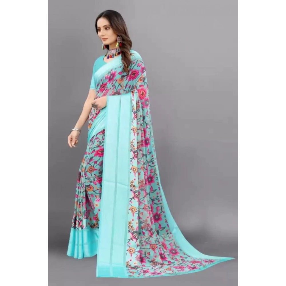 Vaystra Satin Patta Printed Saree With Unstitched Blouse – Skyblue