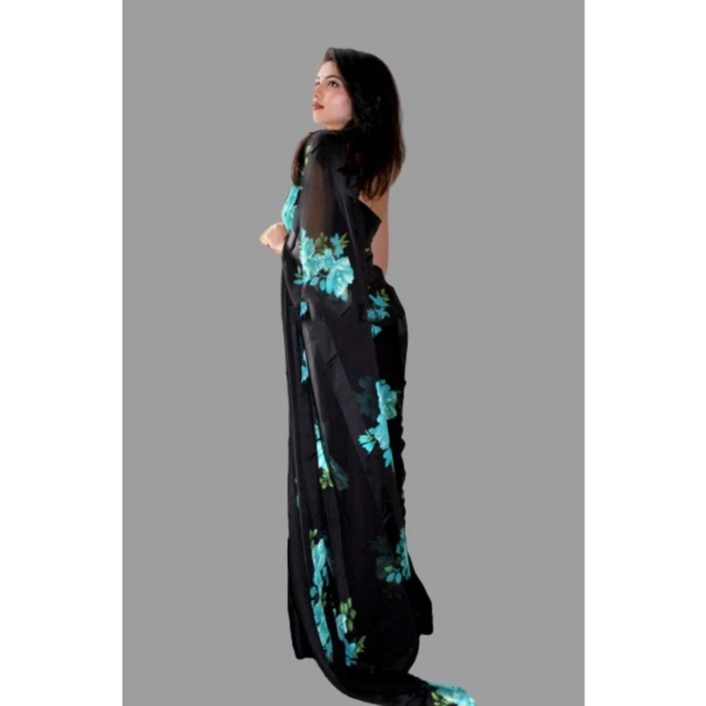 Vaystra Satin Patta Printed Saree With Unstitched Blouse – Blue