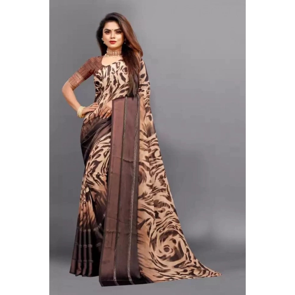 Vaystra Satin Patta Printed Saree With Unstitched Blouse – brown