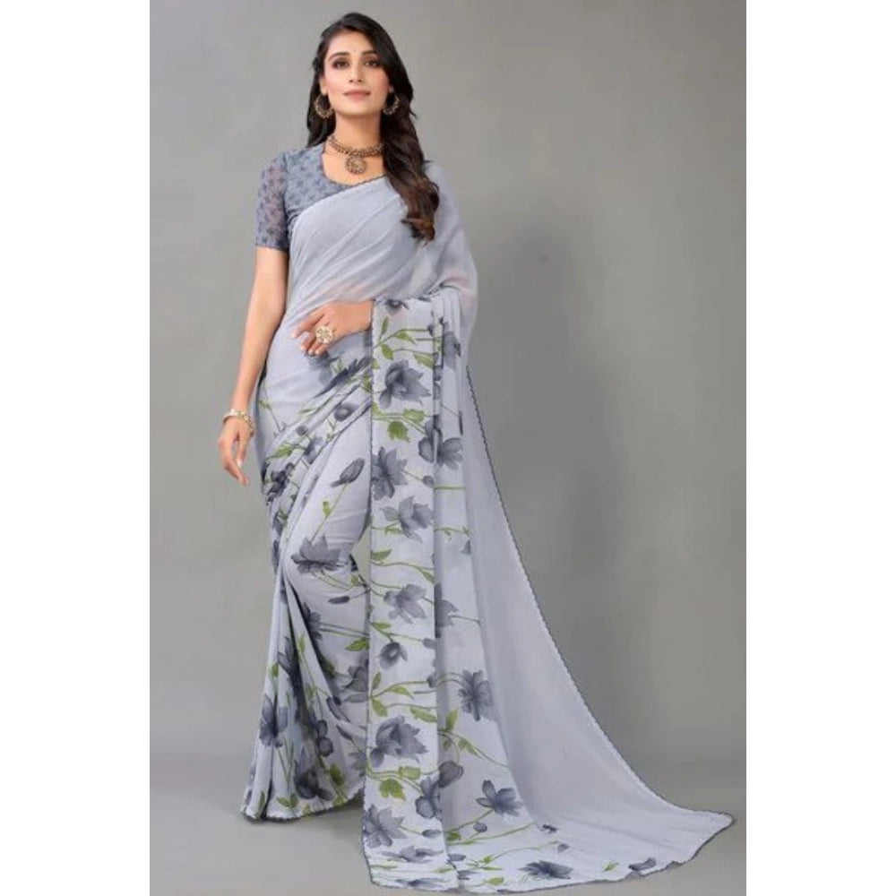 Vaystra Georgette Printed Saree With Unstitched Blouse – Grey