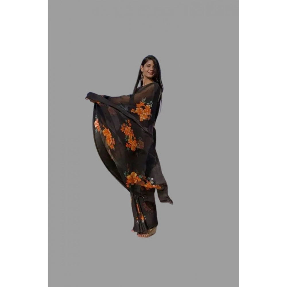 Vaystra Satin Patta Printed Saree With Unstitched Blouse – Orange