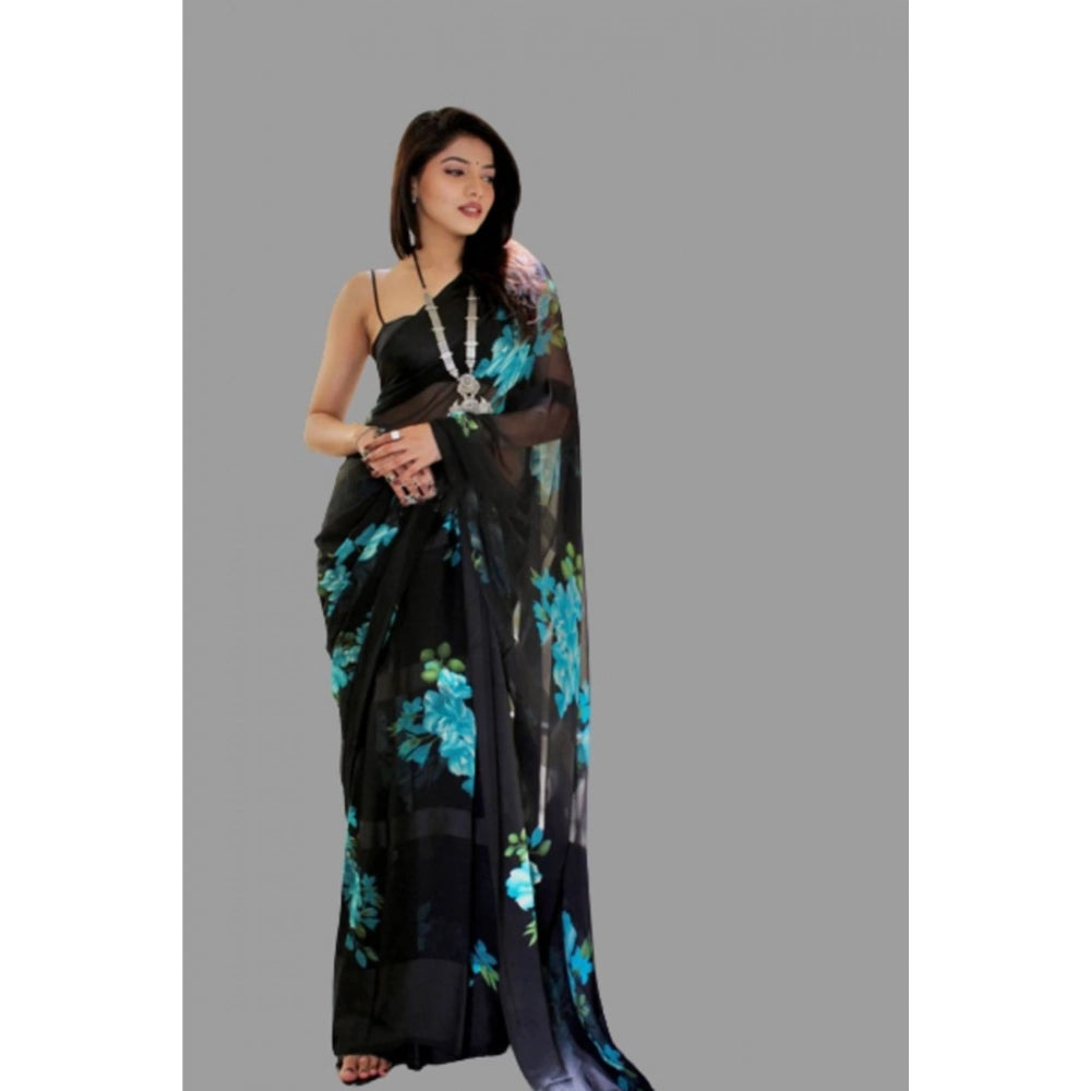 Vaystra Satin Patta Printed Saree With Unstitched Blouse – Blue