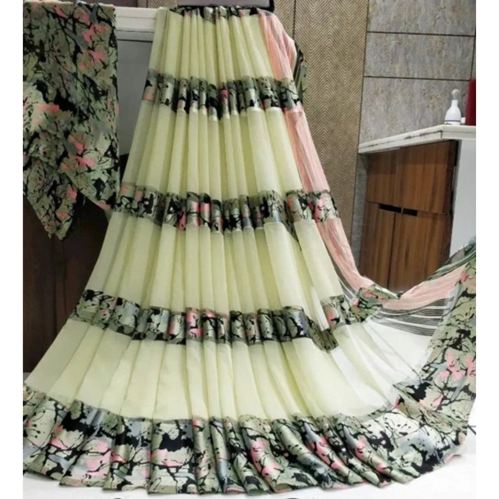 Vaystra Satin Patta Printed Saree With Unstitched Blouse – Cream