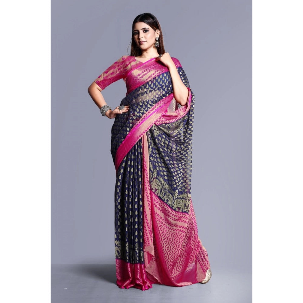 Vaystra Viscose Rayon Printed Saree With Unstitched Blouse – Navy Blue