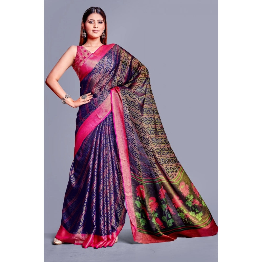 Vaystra Viscose Rayon Printed Saree With Unstitched Blouse – Navy Blue