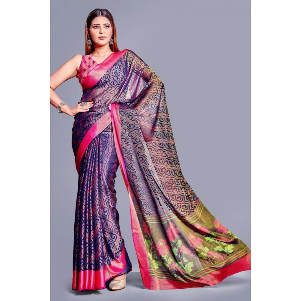Vaystra Viscose Rayon Printed Saree With Unstitched Blouse – Navy Blue