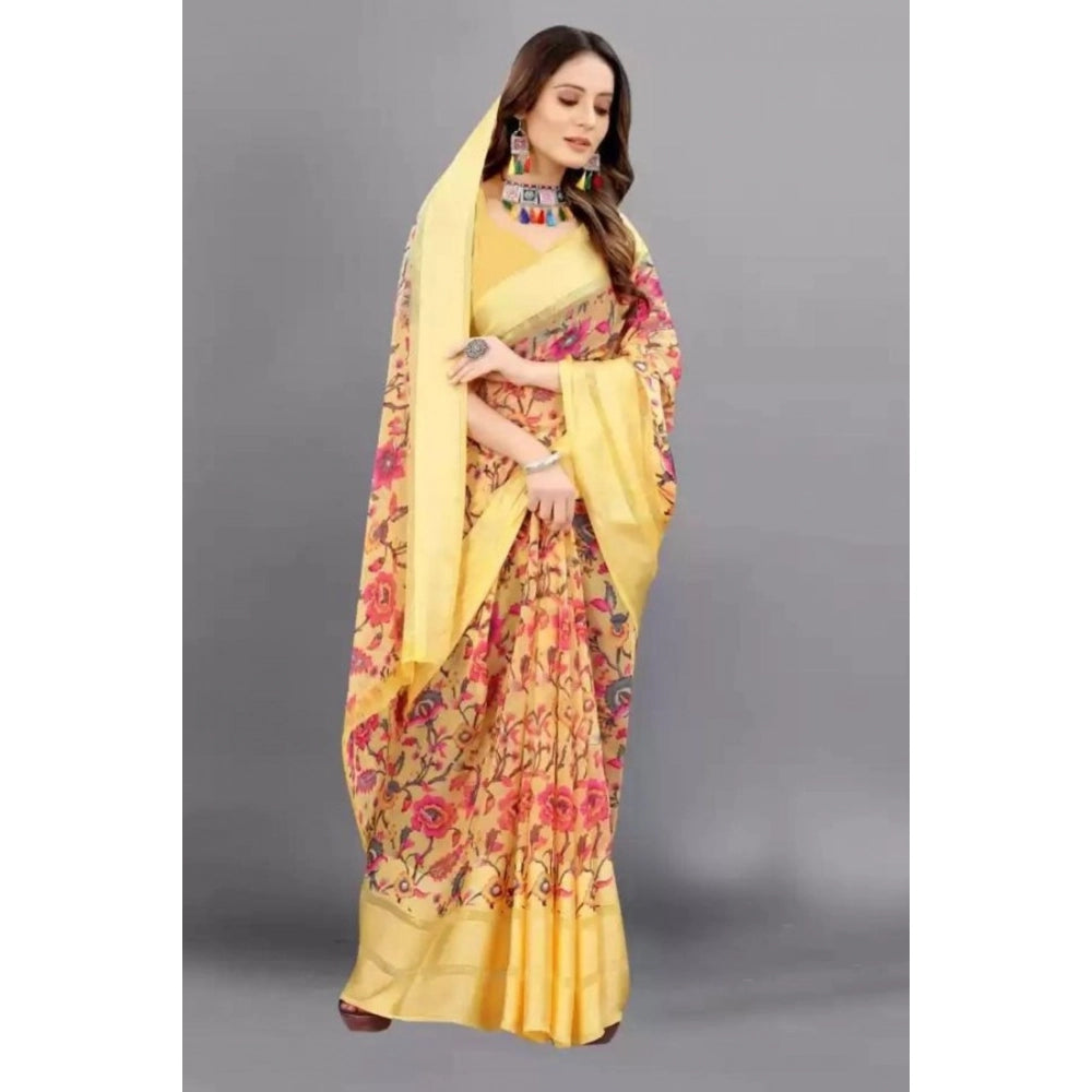 Vaystra Satin Patta Printed Saree With Unstitched Blouse – Yellow