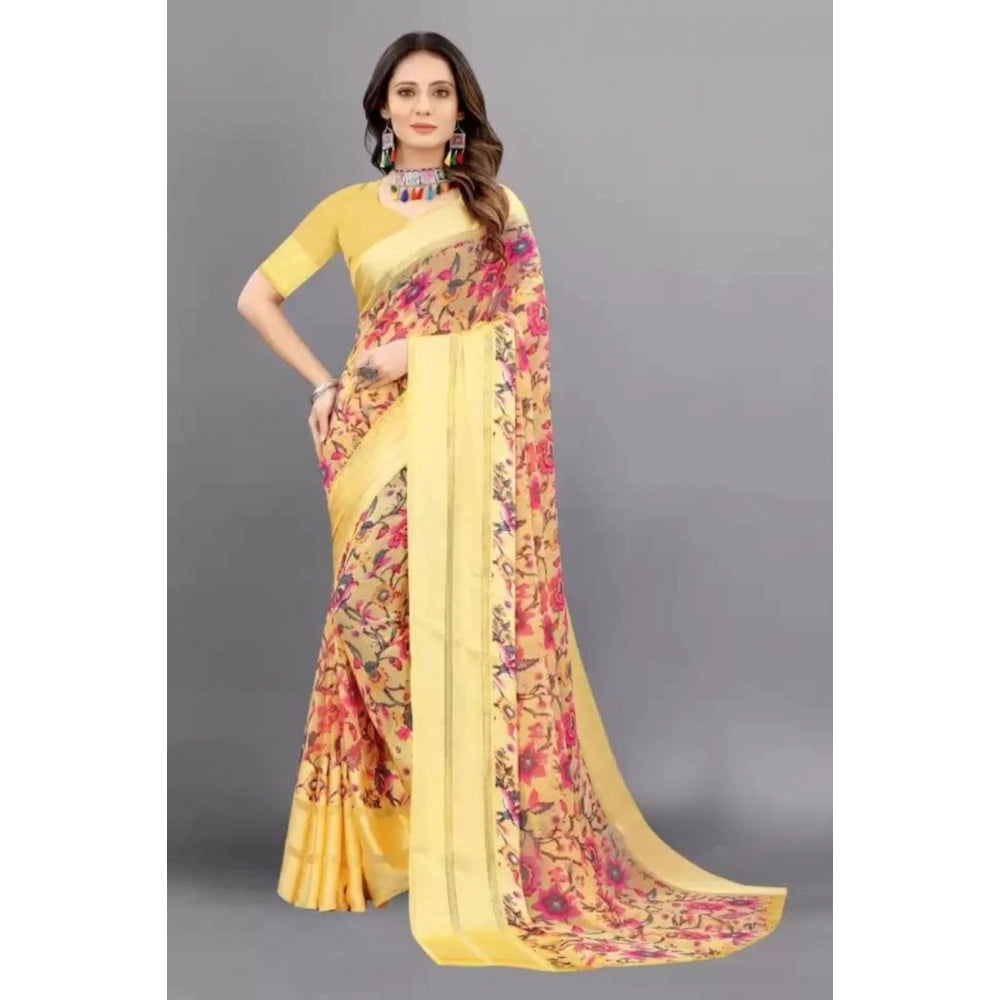Vaystra Satin Patta Printed Saree With Unstitched Blouse – Yellow