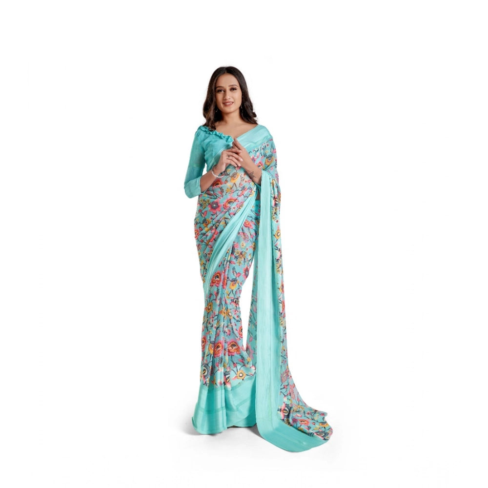 Vaystra Satin Patta Printed Saree With Unstitched Blouse – Skyblue