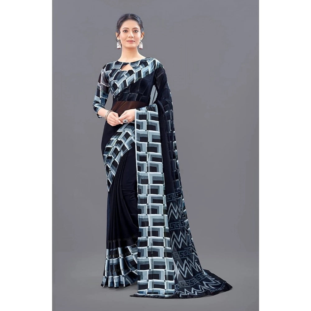 Vaystra Satin Patta Printed Saree With Unstitched Blouse – Black
