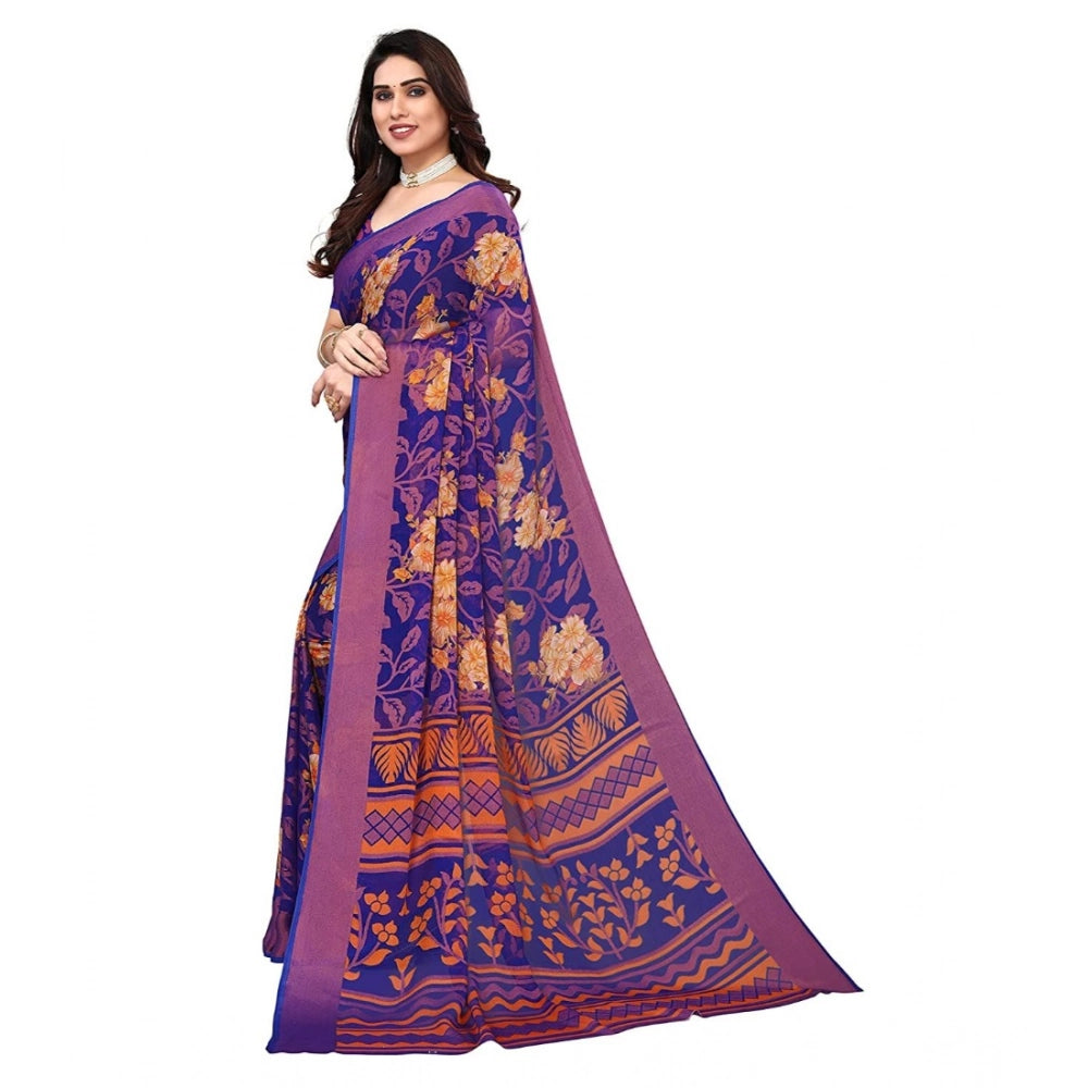 Vaystra Viscose Rayon Printed Saree With Unstitched Blouse – Blue