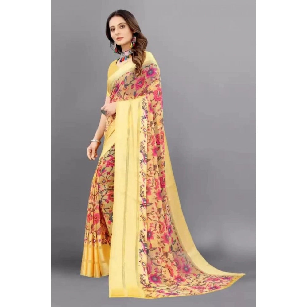 Vaystra Satin Patta Printed Saree With Unstitched Blouse – Yellow