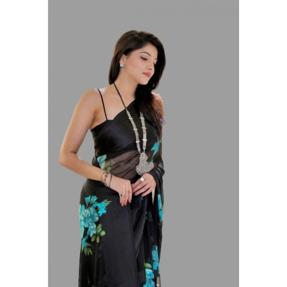 Vaystra Satin Patta Printed Saree With Unstitched Blouse – Blue
