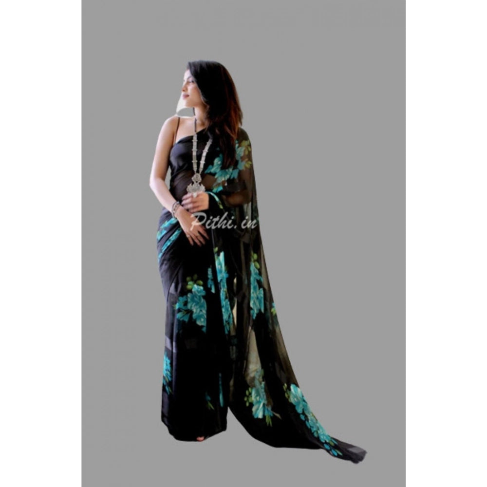 Vaystra Satin Patta Printed Saree With Unstitched Blouse – Blue