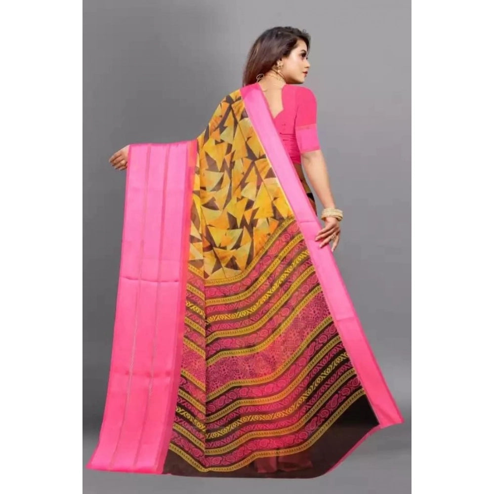 Vaystra Satin Patta Printed Saree With Unstitched Blouse – Pink