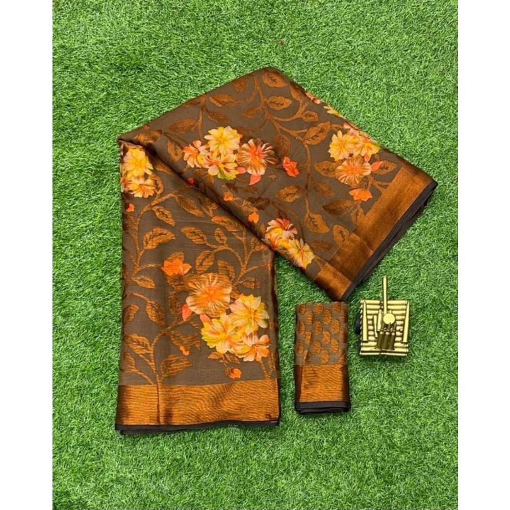 Vaystra Viscose Rayon Printed Saree With Unstitched Blouse – brown
