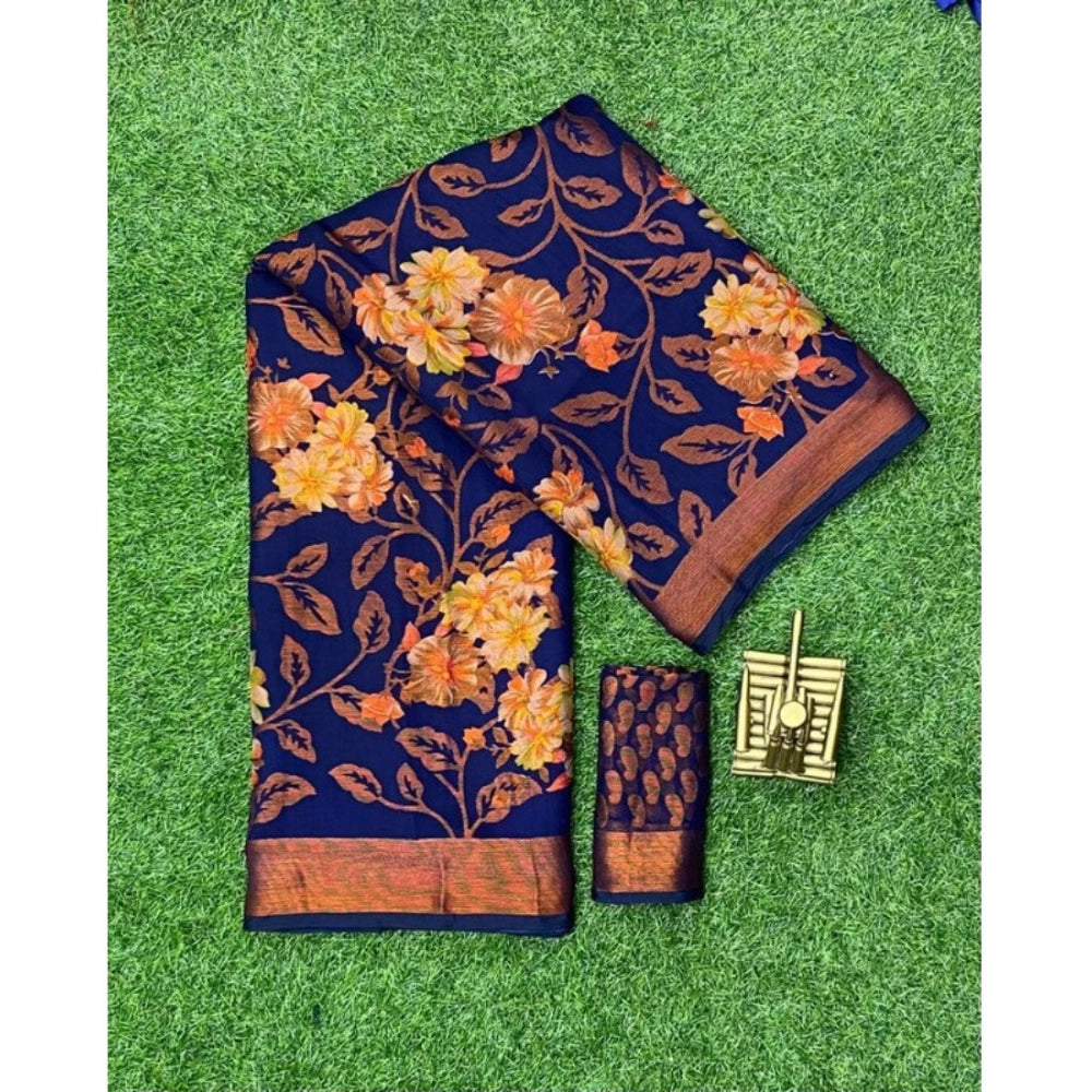 Vaystra Viscose Rayon Printed Saree With Unstitched Blouse – Navyblue