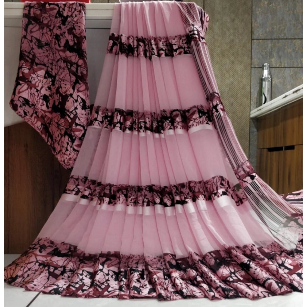 Vaystra Satin Patta Printed Saree With Unstitched Blouse – Pink