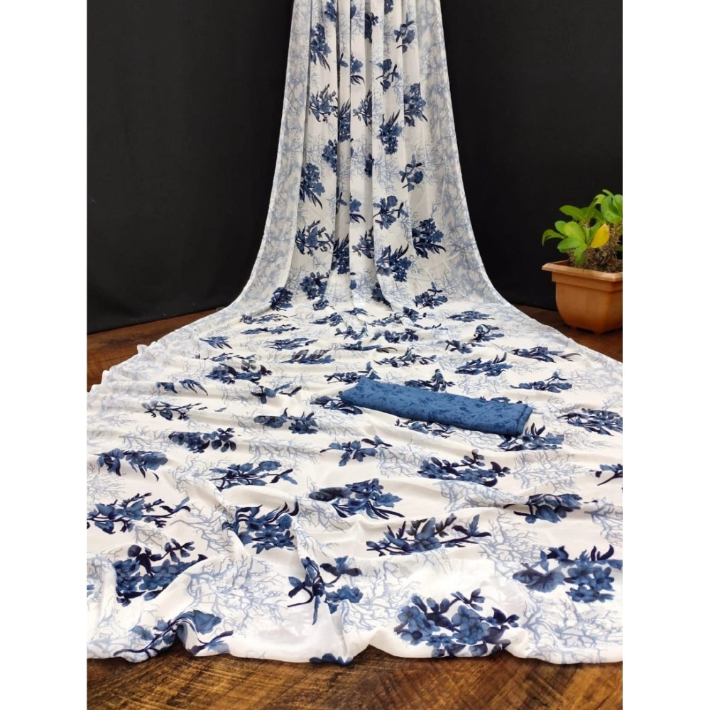 Vaystra Georgette Printed Saree With Unstitched Blouse – Blue