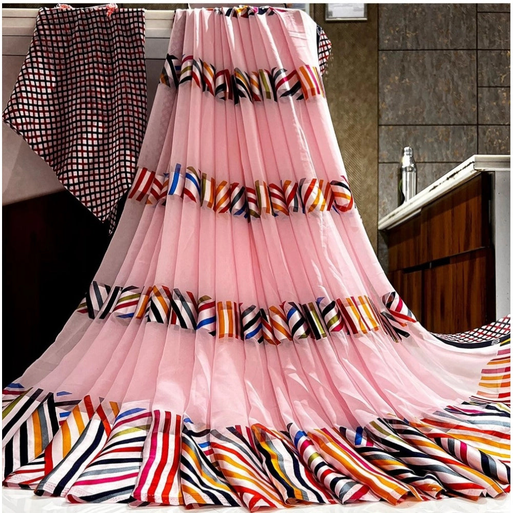 Vaystra Satin Patta Printed Saree With Unstitched Blouse – Pink