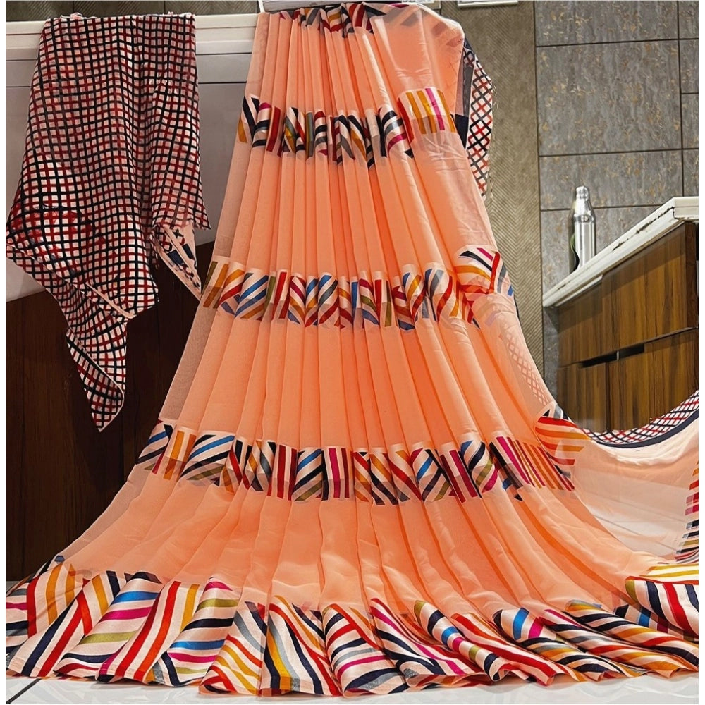 Vaystra Satin Patta Printed Saree With Unstitched Blouse – Peach