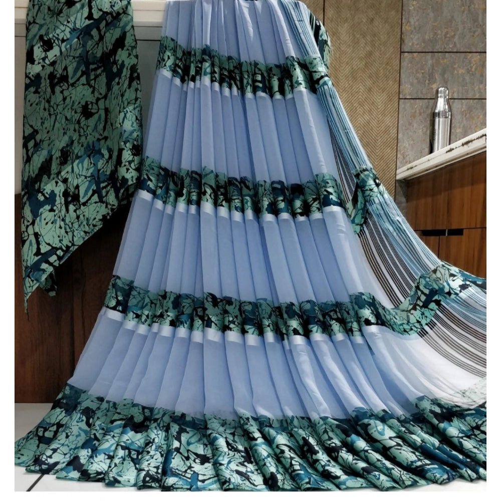 Vaystra Satin Patta Printed Saree With Unstitched Blouse – Blue