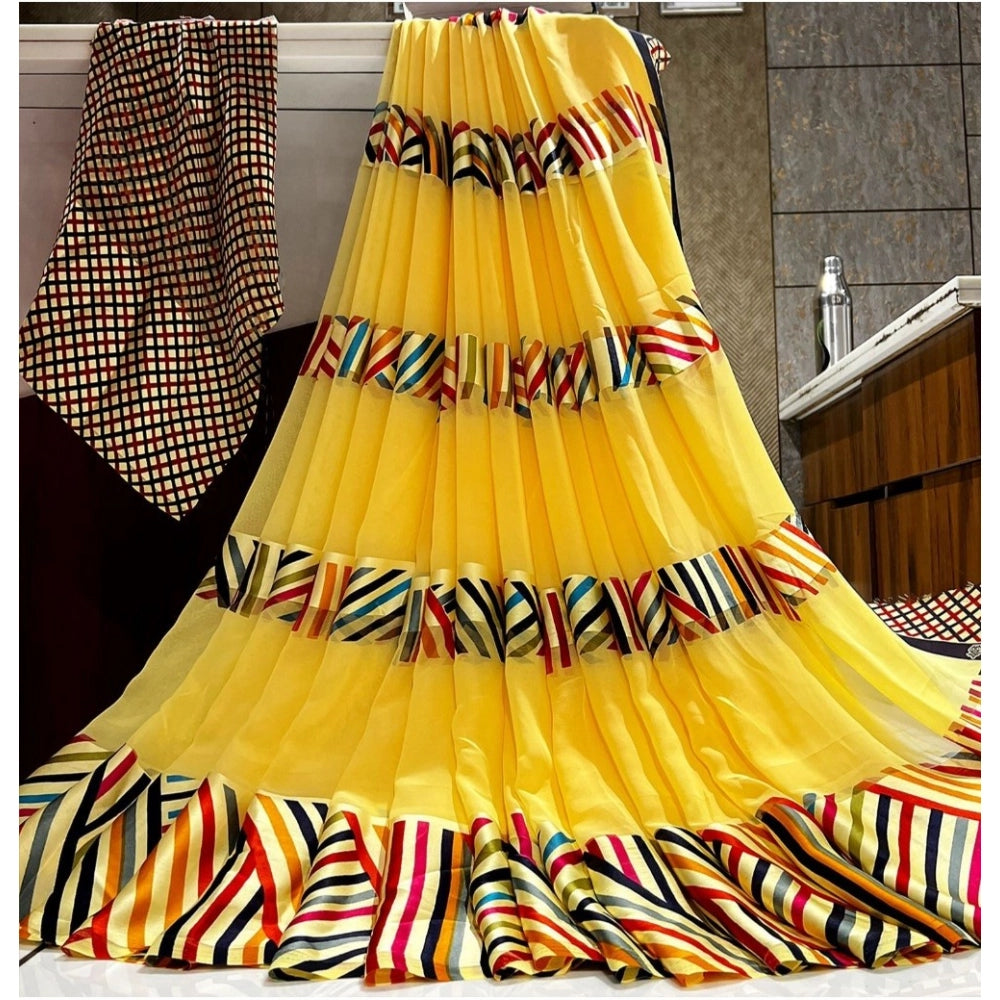 Vaystra Satin Patta Printed Saree With Unstitched Blouse – Yellow
