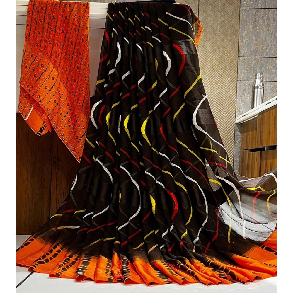 Vaystra Satin Patta Printed Saree With Unstitched Blouse – Orange