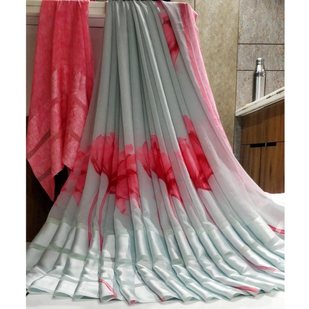 Vaystra Satin Patta Printed Saree With Unstitched Blouse – Grey