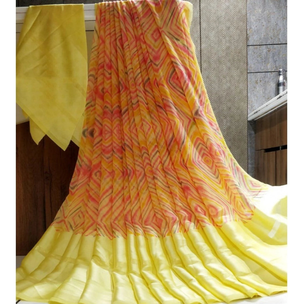 Vaystra Satin Patta Printed Saree With Unstitched Blouse – Yellow