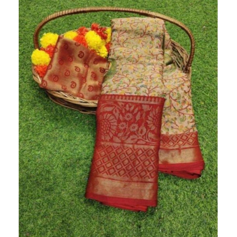 Vaystra Viscose Rayon Printed Saree With Unstitched Blouse – Red