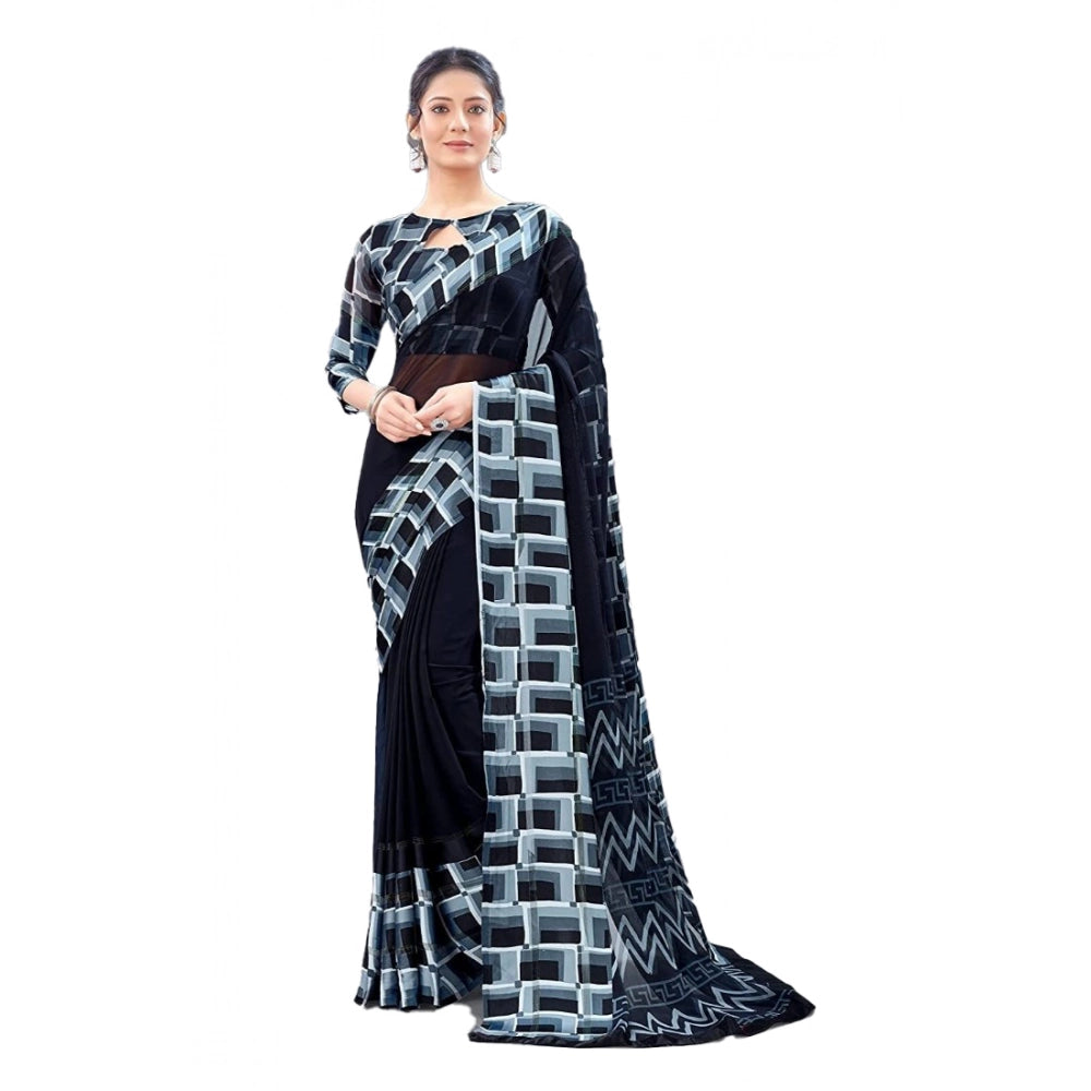 Vaystra Satin Patta Printed Saree With Unstitched Blouse – Black