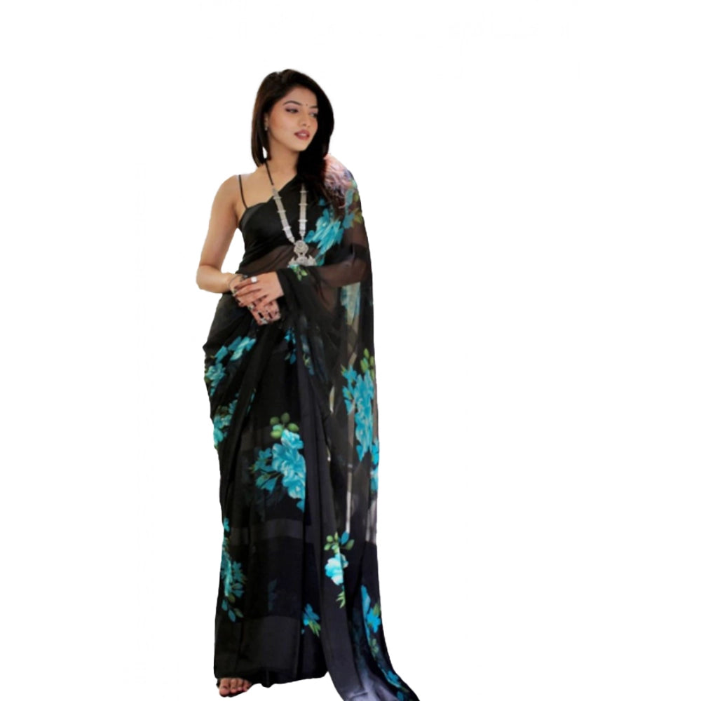 Vaystra Satin Patta Printed Saree With Unstitched Blouse – Blue