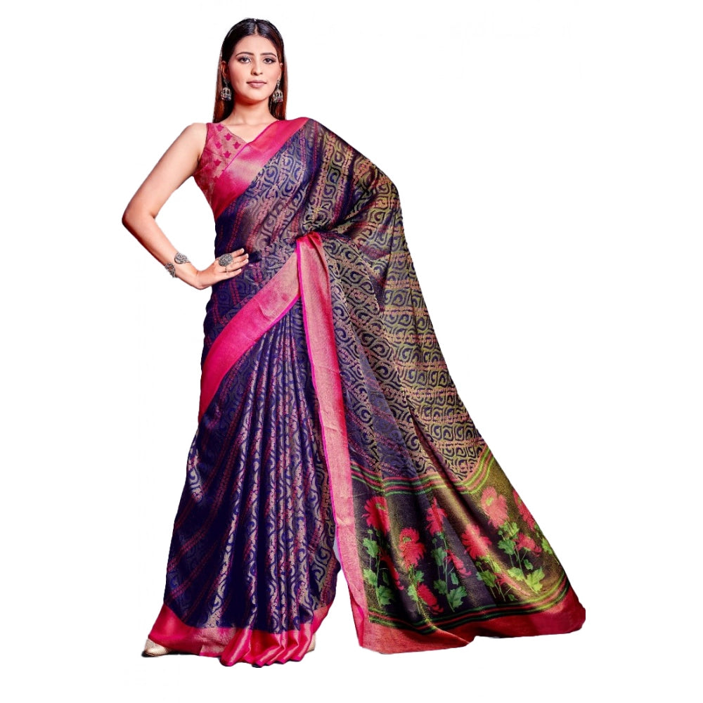Vaystra Viscose Rayon Printed Saree With Unstitched Blouse – Navy Blue