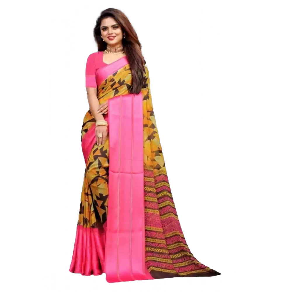 Vaystra Satin Patta Printed Saree With Unstitched Blouse – Pink