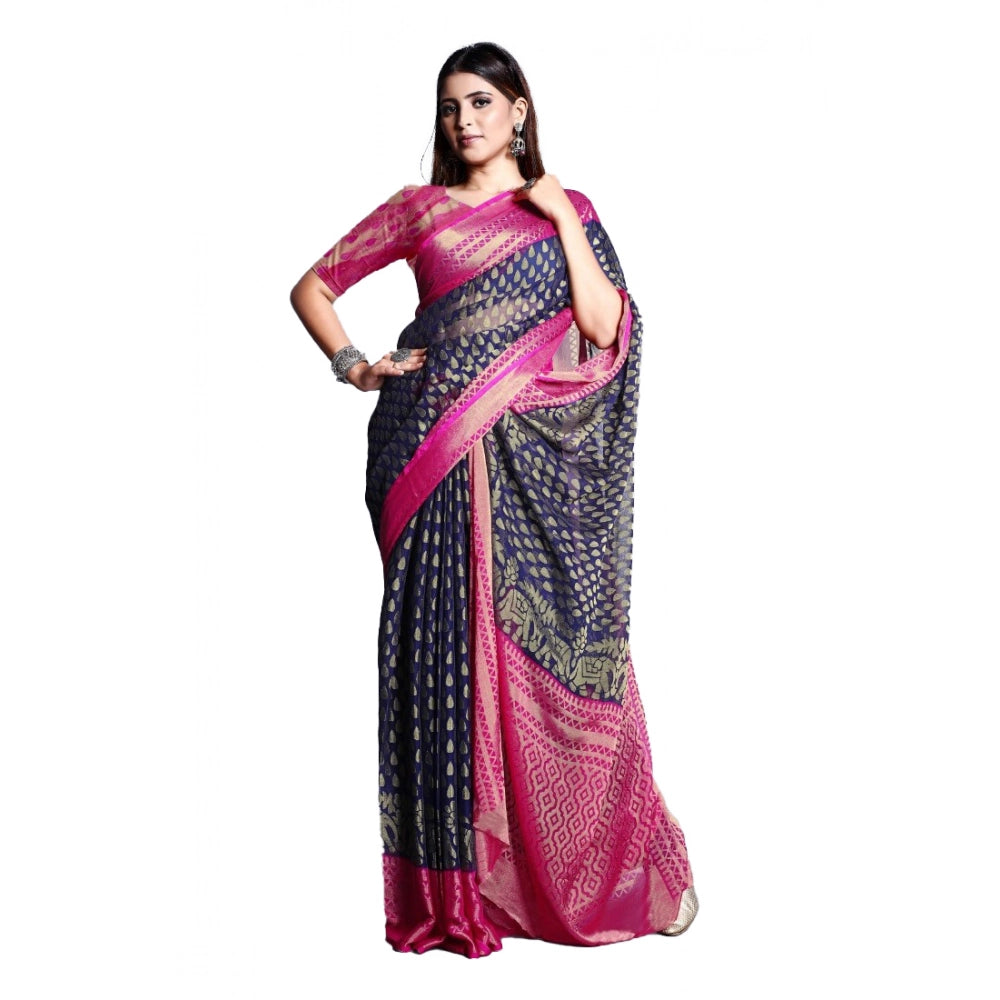 Vaystra Viscose Rayon Printed Saree With Unstitched Blouse – Navy Blue