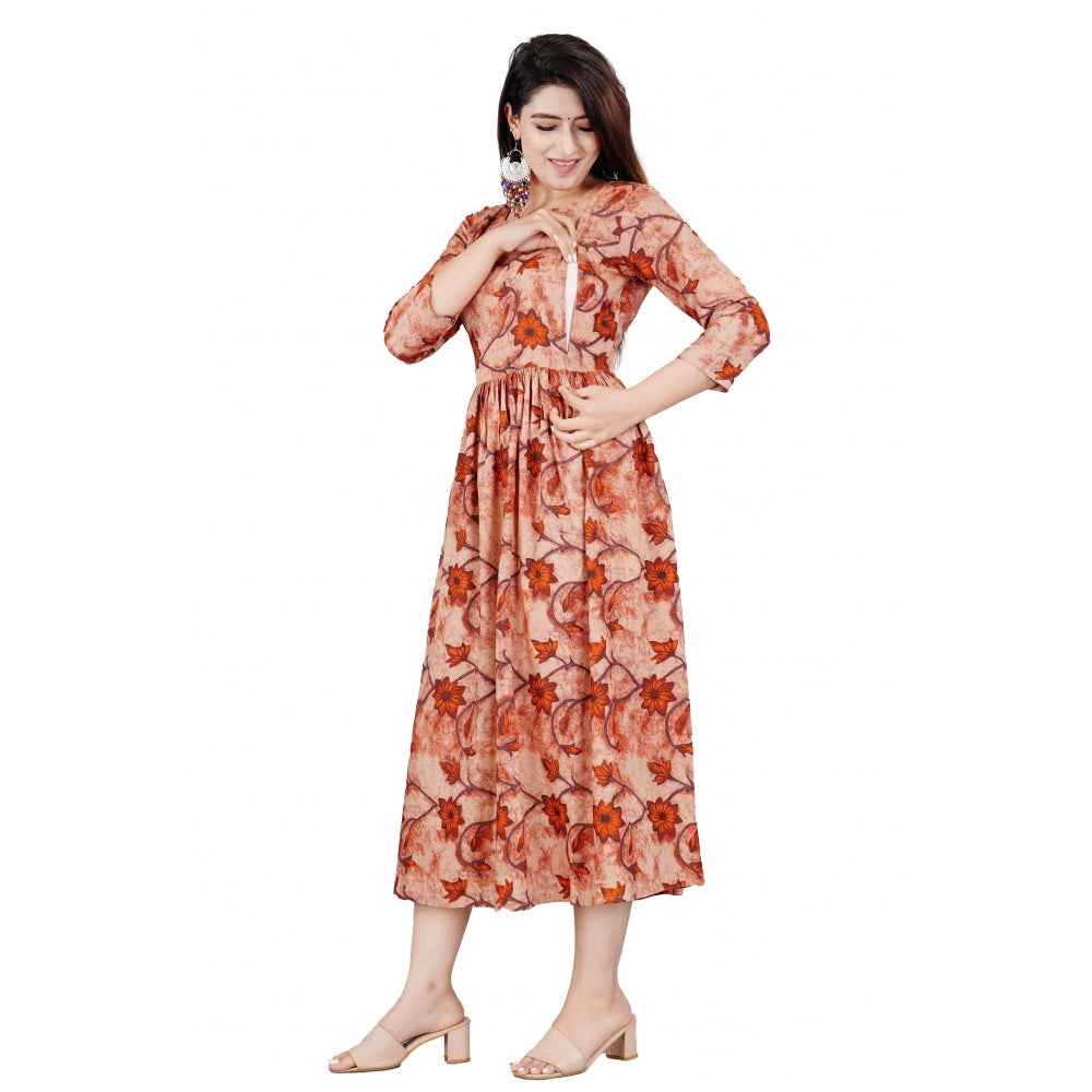 Vaystra Casual 3/4 Sleeve Printed Viscose Maternity Feeding Kurti – Brown
