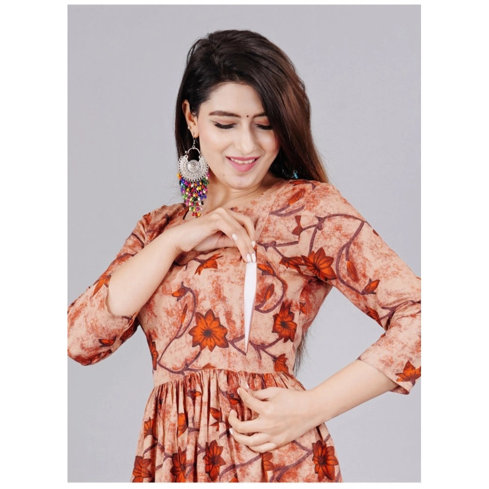 Vaystra Casual 3/4 Sleeve Printed Viscose Maternity Feeding Kurti – Brown
