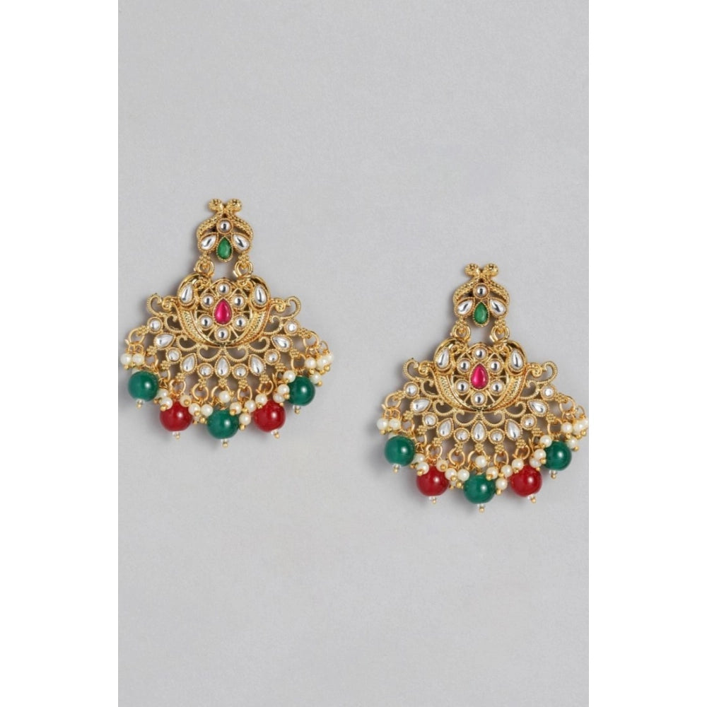 Vaystra Rose Alloy Kundan Earrings &amp; Mangtikka - Red & Green,