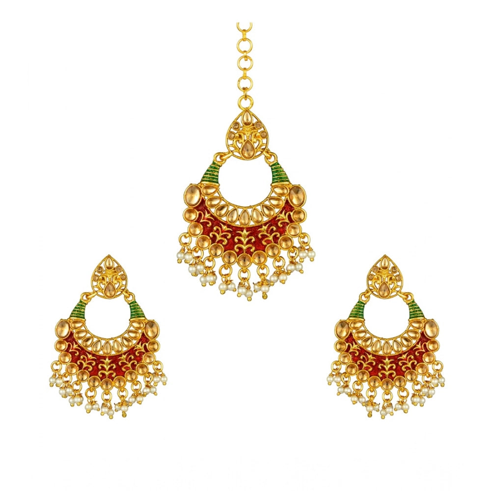 Vaystra Gold Plated Rose Alloy Kundan Earrings &amp; Mangtikka in Red & Green,
