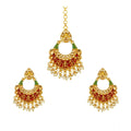 Vaystra Gold Plated Rose Alloy Kundan Earrings &amp; Mangtikka in Red & Green,