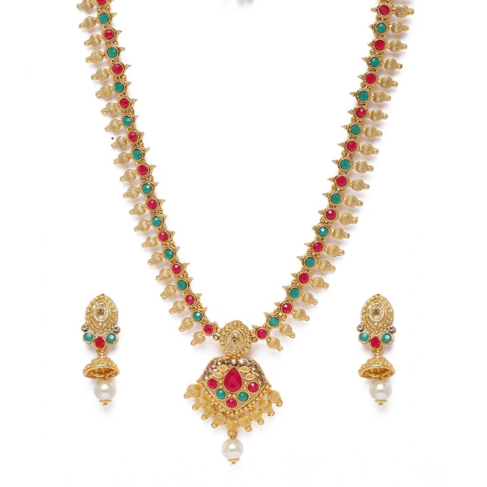 Vaystra Handcrafted Rose Alloy Necklace &amp; Earings Set - Green & Red, Edition